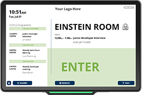 Door Tablet room booking display showing real-time meeting room availability”