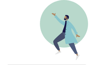 User gesturing confidently beside circular graphic symbolizing control and customization