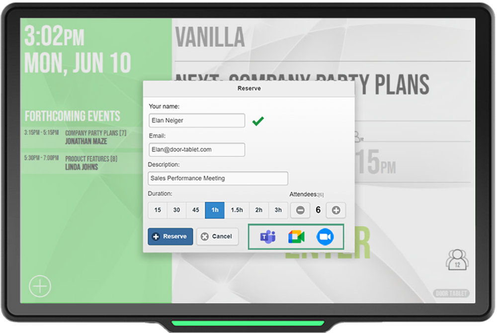 Easily create a Zoom, Google Meet or Microsoft Teams meeting when you book a room