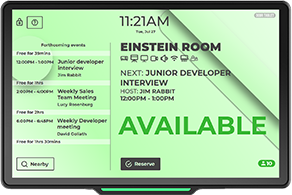 Door Tablet room booking display showing real-time meeting room availability”