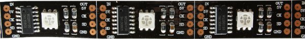 The driver ICs can control up to four LEDs independently. Typically a RGB(W) LED combined in one package is used. It is controlled over a three or two wire