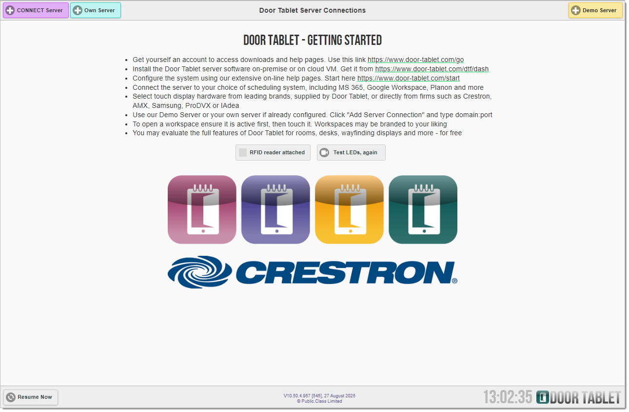 Door Tablet Getting Started screen displayed on a Crestron meeting room device