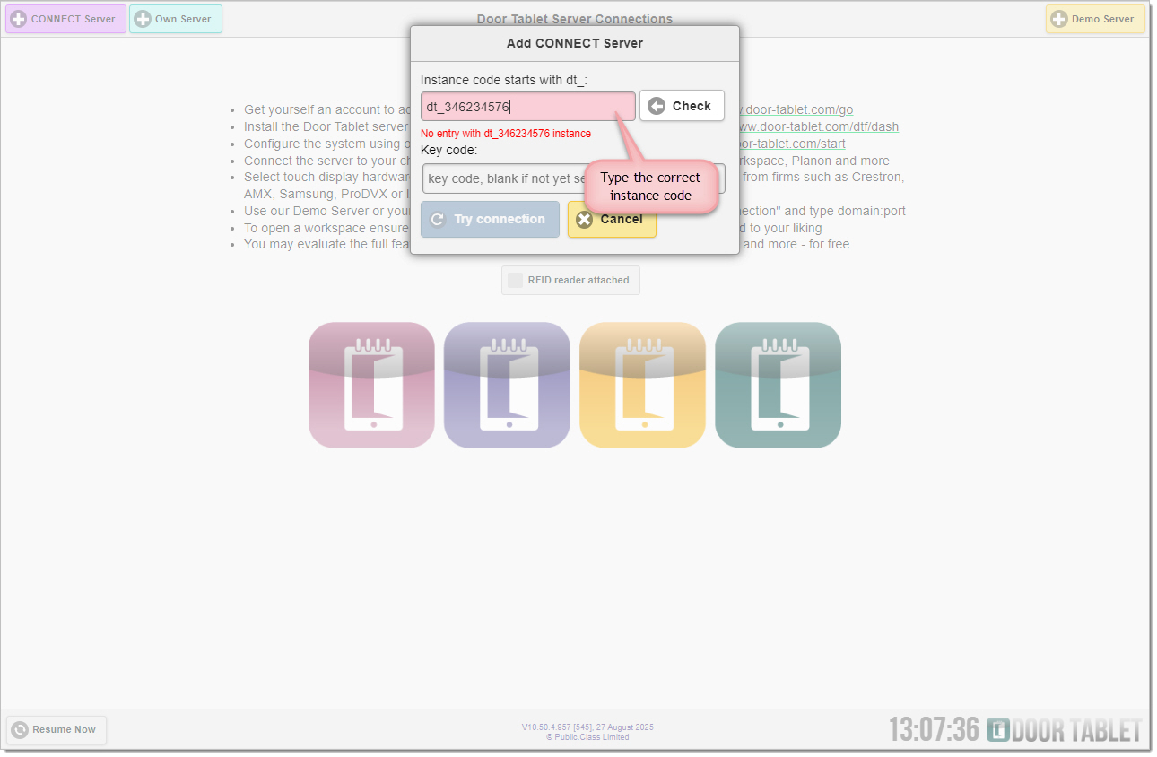 Door Tablet CONNECT server setup showing an invalid instance code error