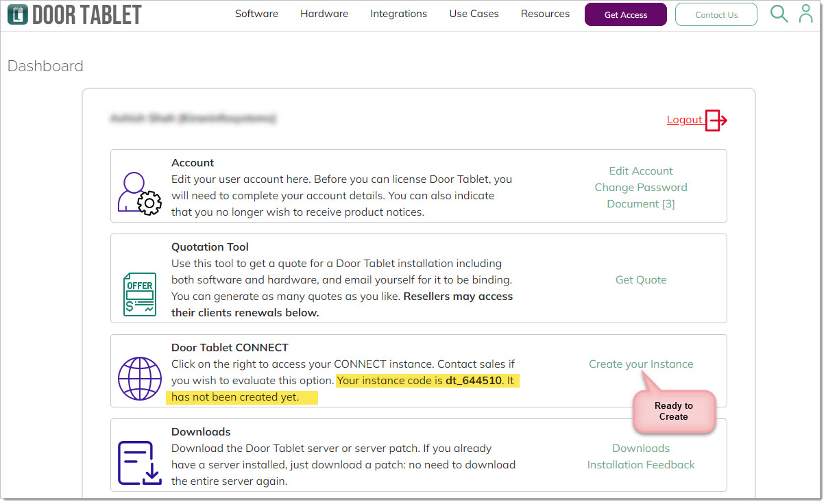 Door Tablet dashboard showing the Create your Instance option for CONNECT