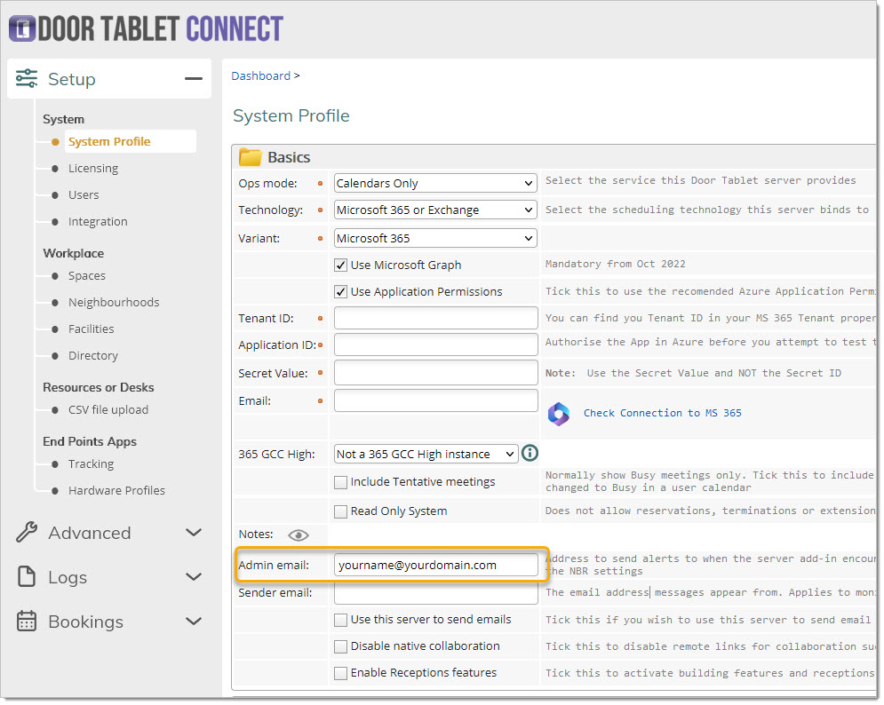 Door Tablet Web UI system profile for updating the administrator email