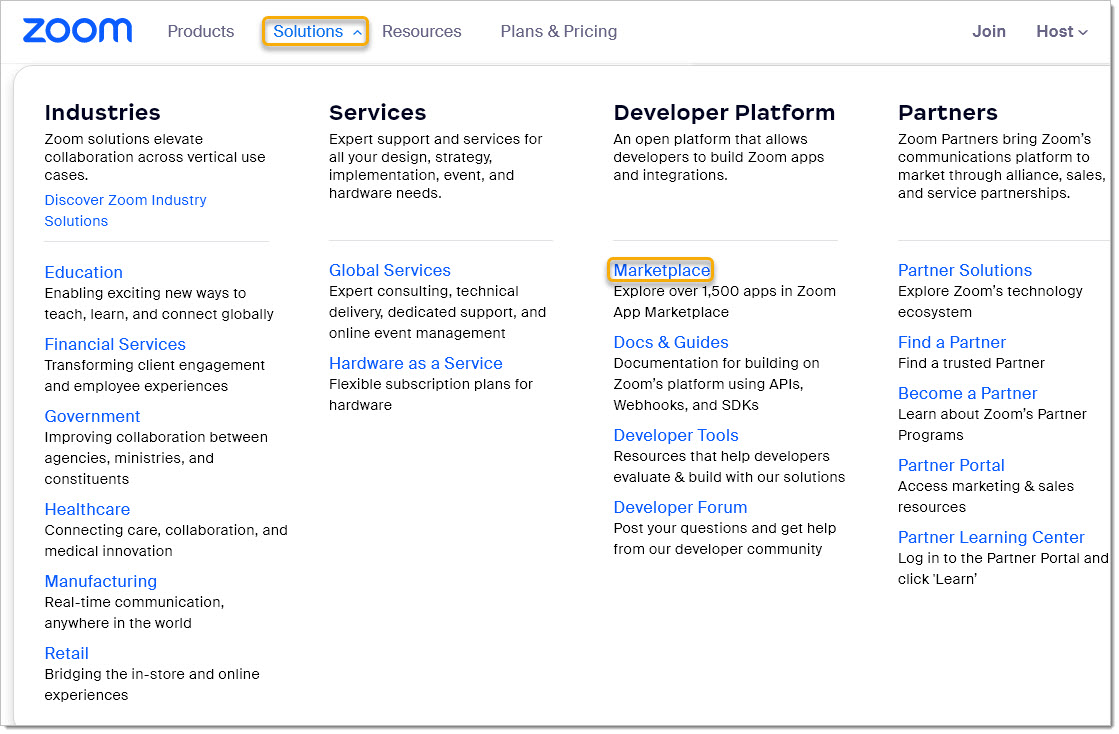 Login to your Zoom account and access the Marketplace as shown here: