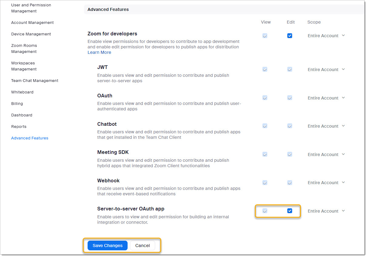 Check the Server-to-Server OAuth App as follows... and save your settings: